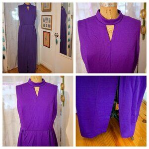 vtg 60s 70s PURPLE Poly Knit Minimalist Mod Column Maxi Dress Hippie Boho L